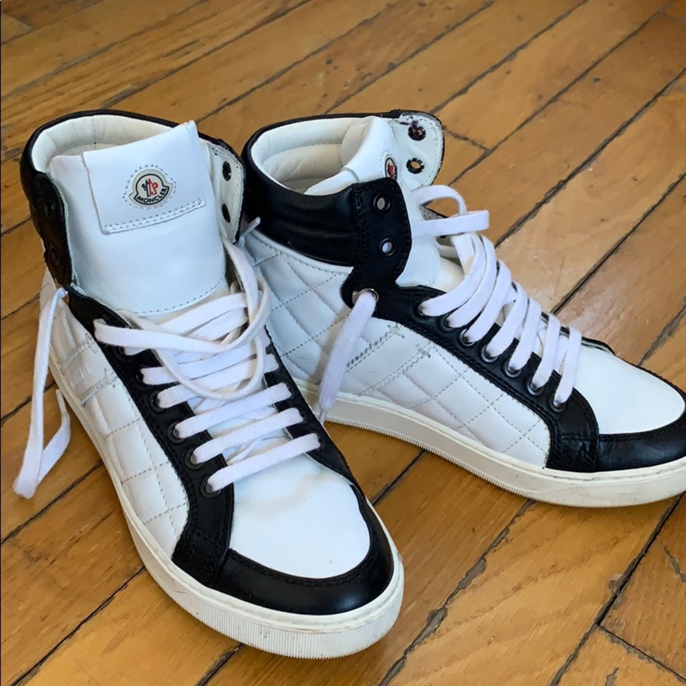 Moncler hi top sneaker in black & white size 37